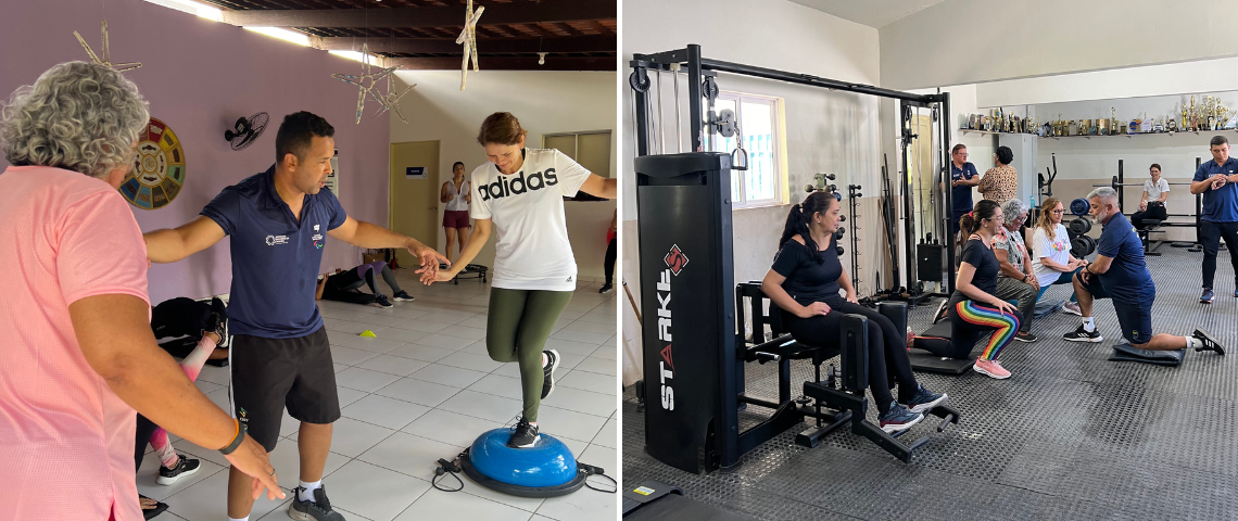 Conjunto de duas fotos que mostram os profissionais do ICPAC realizando treinos de funcional e musculação