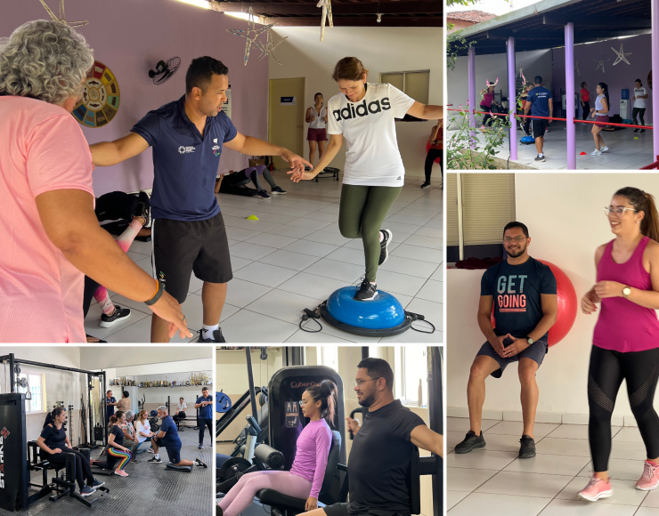 Conjunto de fotos que mostram os profissionais do ICPAC realizando treinos de funcional e musculação