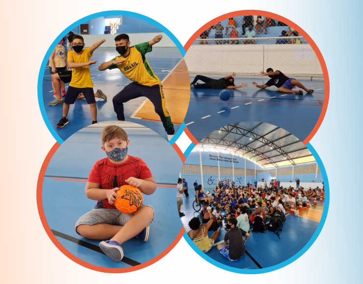 4 fotos do último festival realizado no ICPAC, mostrando crianças se divertindo em clima Paralímpico, ao lado de paratletas também
