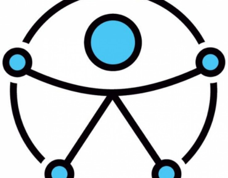 Uma figura simétrica conectada por quatro pontos a um círculo, representando a harmonia entre o ser humano e a sociedade, e com os braços abertos, simbolizando a inclusão de pessoas com todas as habilidades, em todos os lugares. 