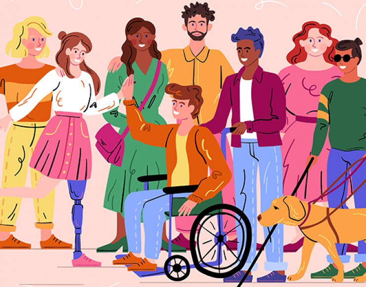 Ilustração de pessoas com deficiência. Da esquerda para direita: uma moça com perna mecânica, um cadeirante, um cego com cão guia