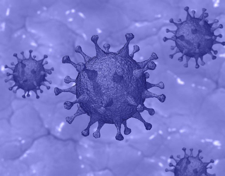 imagem em tom de azul simulando o vírus; formato de uma bola como se fossem palitos enfiados nela de forma arredondada