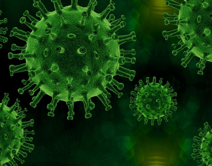 fundo preto esverdeado com imagens de vírus na cor verde