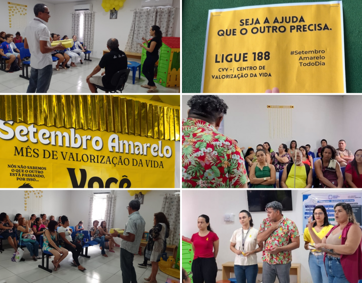 Conjunto de 6, que mostram fotos de assistentes sociais e psicólogos do ICPAC realizando falas e atividades sobre a valorização da vida, junto a usuários, familiares, responsáveis e demais pessoas, que interagem e prestam atenção.