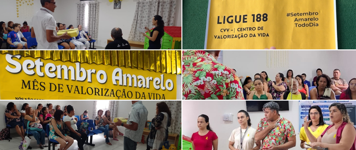 Conjunto de 6, que mostram fotos de assistentes sociais e psicólogos do ICPAC realizando falas e atividades sobre a valorização da vida, junto a usuários, familiares, responsáveis e demais pessoas, que interagem e prestam atenção.