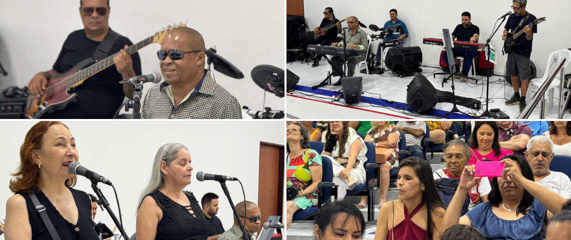 Conjunto de 4 fotos, que mostram Beto durante o show ao lado da banda, convidados e público.