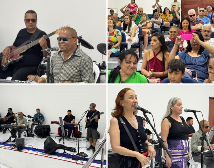 Conjunto de 4 fotos, que mostram Beto durante o show ao lado da banda, convidados e público.